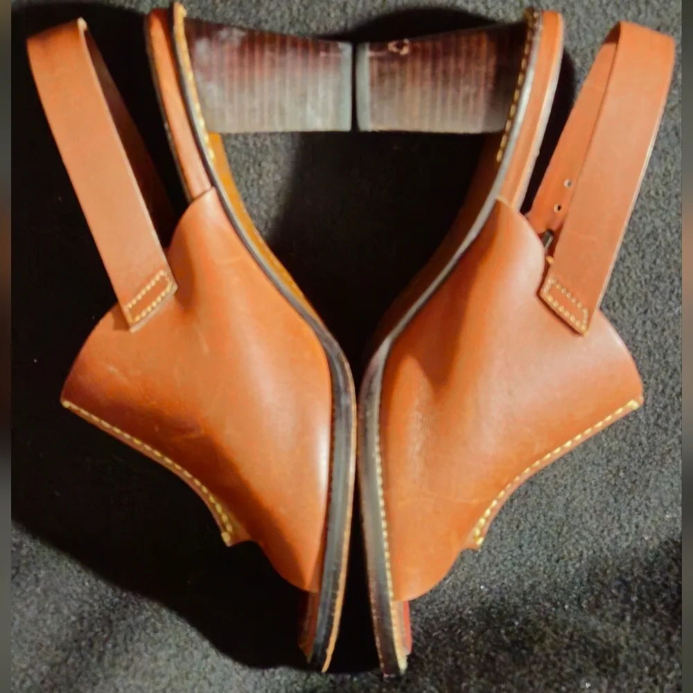 H.S. Trask Tahoe Brown Leather Peep-Toe Slingback Heel Sandals - Size 8.5W - Picture 4 of 10